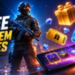 Free Fire character holding reward crates with redeem code gift boxes and in-game rewards.