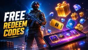 Free Fire character holding reward crates with redeem code gift boxes and in-game rewards.
