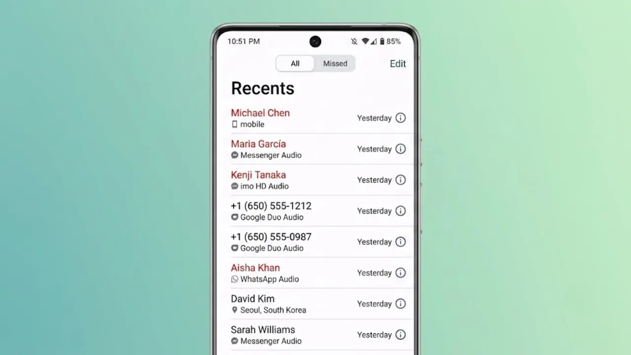 Android smartphone displaying the call history screen with the delete call log option highlighted, showing how to remove recent calls safely.
