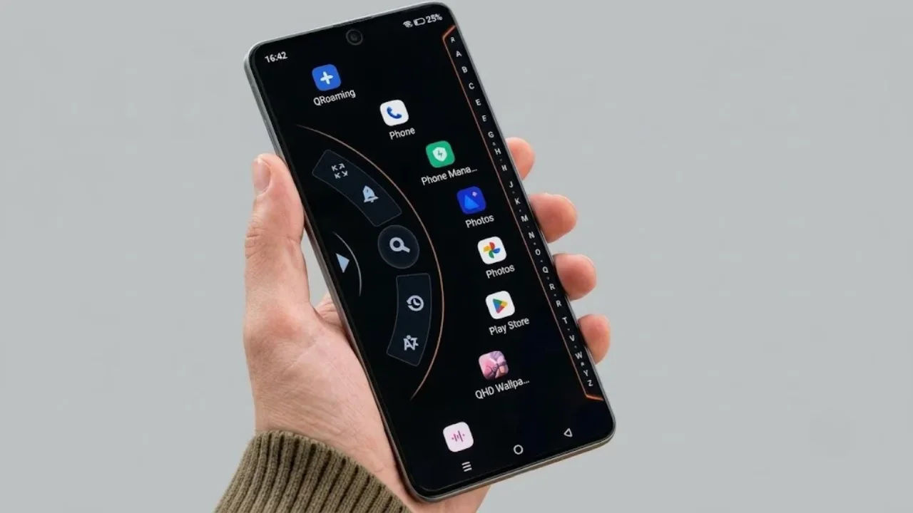 Alpha Hybrid Launcher 4D showing a customized Android home screen